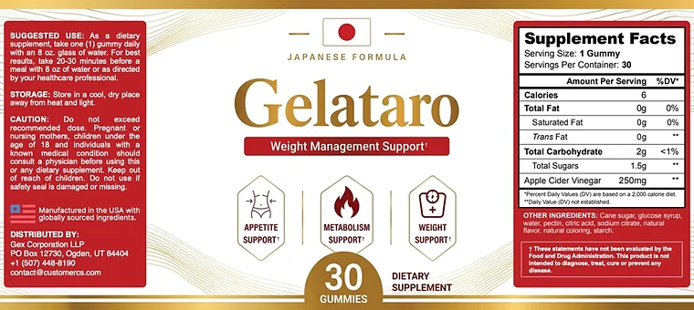 The Gelataro label, showing the Supplement Facts panel
